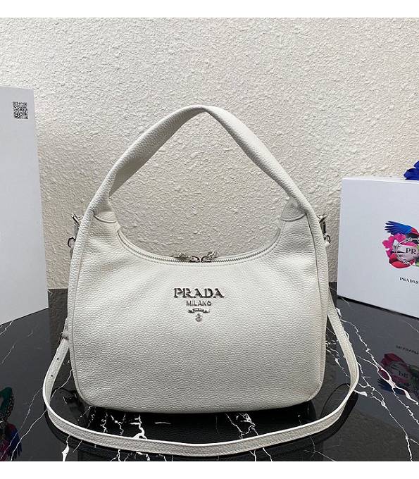 Prada White Original Litchi Veins Calfskin Leather Hobo Bag With Checking IC Chip