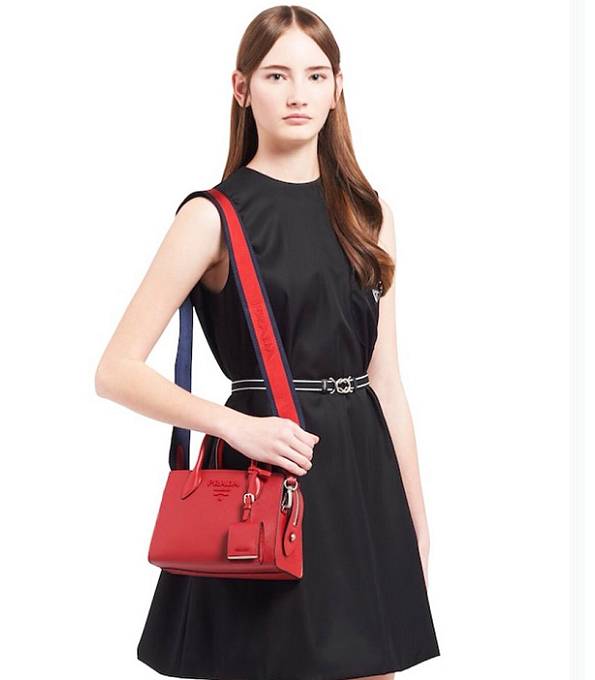 Prada Monochrome Saffiano Red Original Cross Veins Leather Tote Shoulder Bag