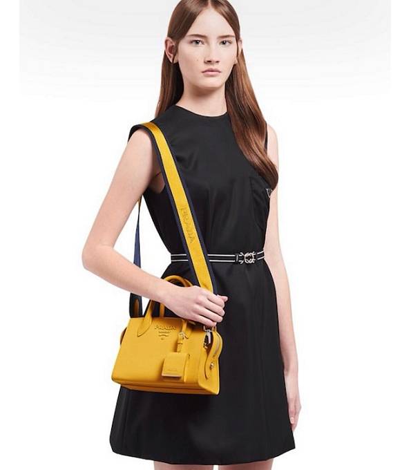 Prada Monochrome Saffiano Yellow Original Cross Veins Leather Tote Shoulder Bag