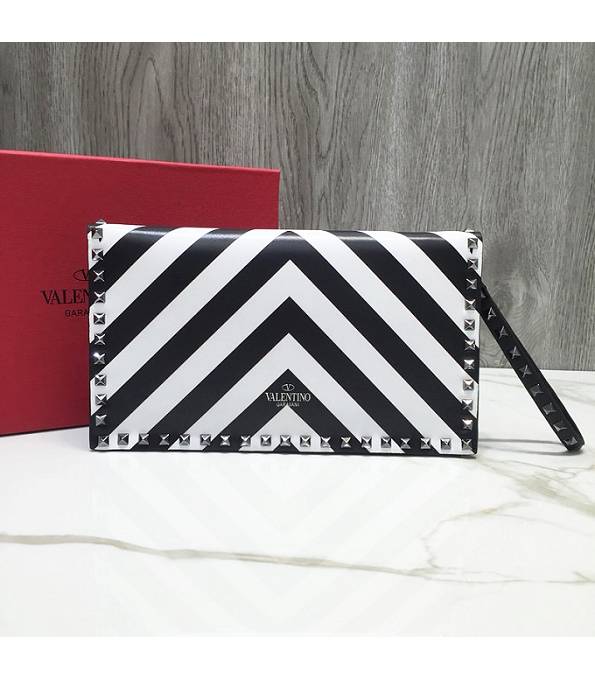 Valentino Black/White Original Plain Veins Leather Silver Rivet 28cm Clutch