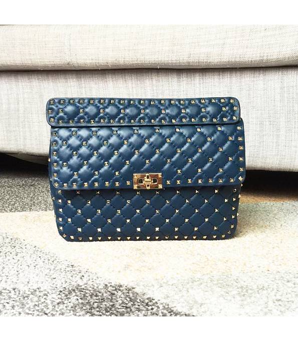 Valentino Garavani Rockstud Spike Blue Original Soft Lambskin 30cm Top Handle Chain Bag Golden Rivet