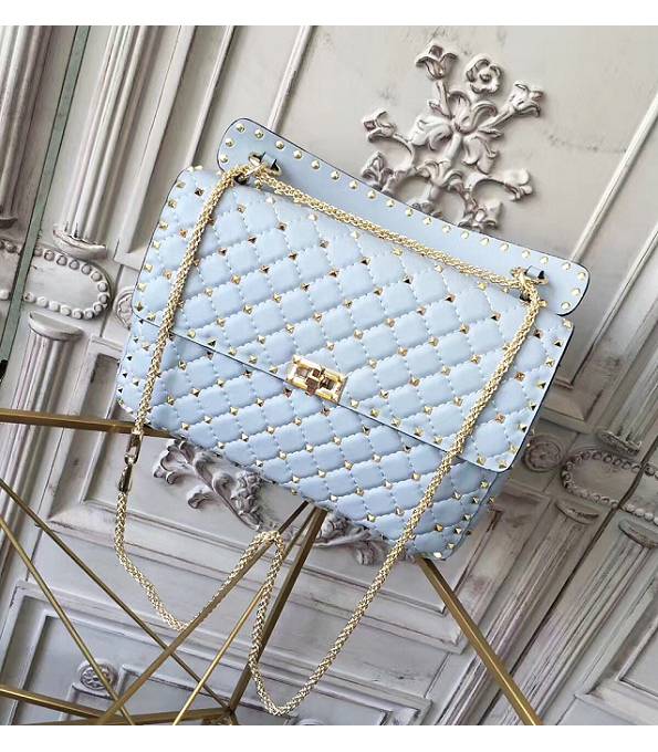 Valentino Garavani Rockstud Spike Light Blue Original Soft Lambskin 30cm Top Handle Chain Bag Golden Rivet