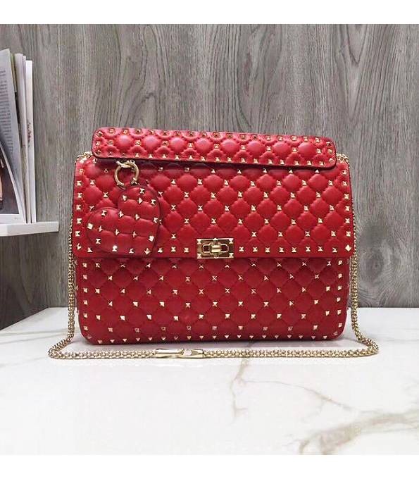 Valentino Garavani Rockstud Spike Red Original Soft Calfskin Leather 33cm Top Handle Chain Bag Golden Rivet