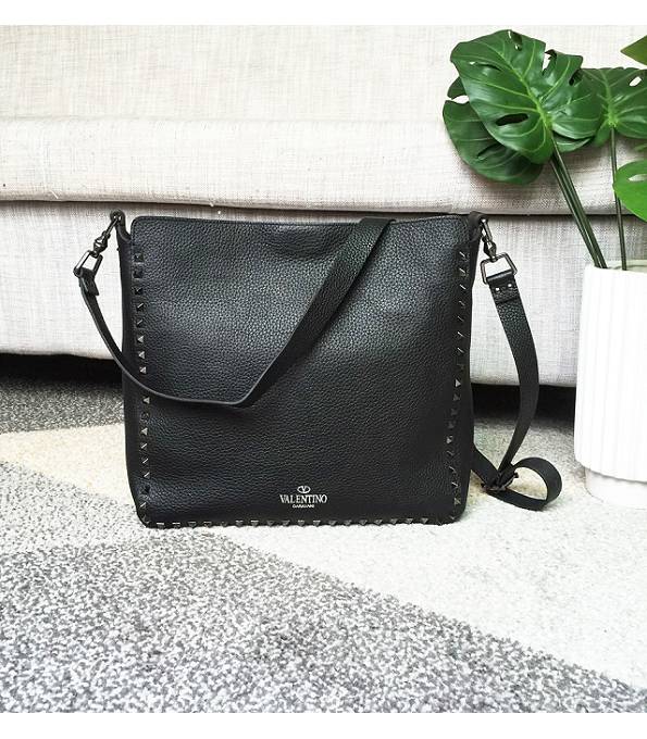 Valentino Guitar Rockstud Rolling Black Original Litchi Veins Leather 31cm Hobo Bag Black Rivet