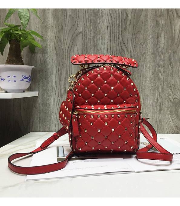 Valentino Garavani Rockstud Spike Red Original Wrinkled Lambskin Mini Backpack Golden Rivet