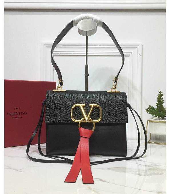 Valentino Vring Black Original Lizard Veins Calfskin Small Shoulder Bag Golden Logo