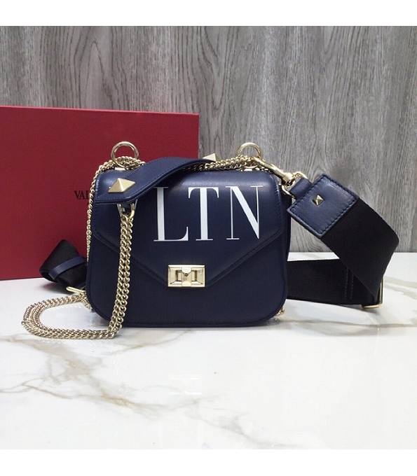 Valentino Vltn Garavani Rockstud Dark Blue Original Calfskin Leather Golden Chain Small Cross Body Bag