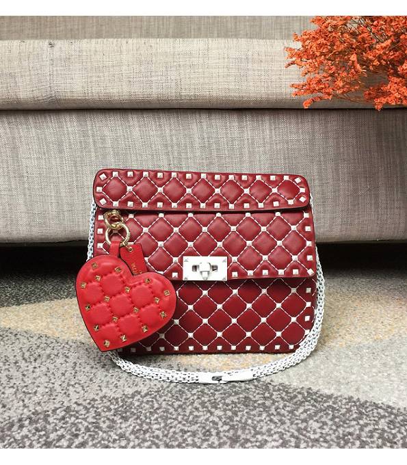 Valentino Garavani Rockstud Spike Red Original Lambskin Leather 24cm Top Handle White Rivet Bag