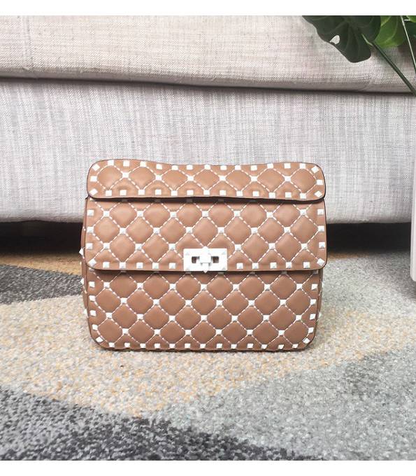 Valentino Garavani Rockstud Spike Apricot Original Lambskin Leather 24cm Top Handle White Rivet Bag