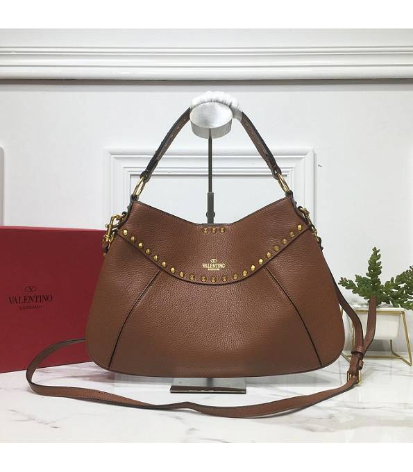 Valentino Garavani Twinkle Studs Brown Original Litchi Veins Calfskin Leather Medium Shoulder Bag