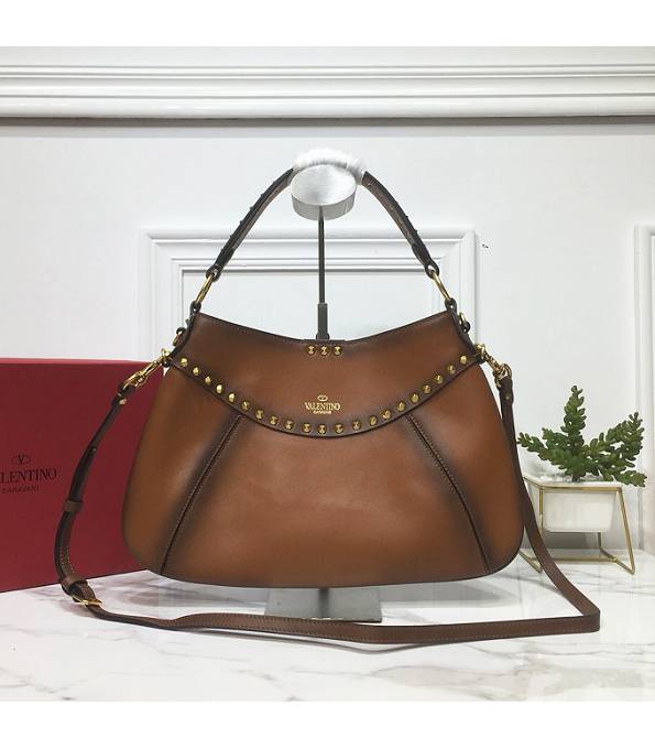 Valentino Garavani Twinkle Studs Brown Original Plain Veins Calfskin Leather Medium Shoulder Bag