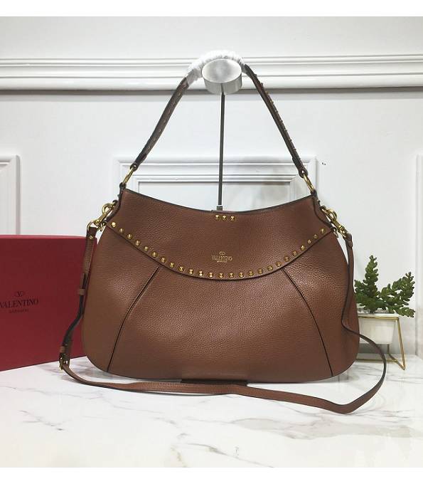 Valentino Garavani Twinkle Studs Brown Original Litchi Veins Calfskin Leather Large Shoulder Bag