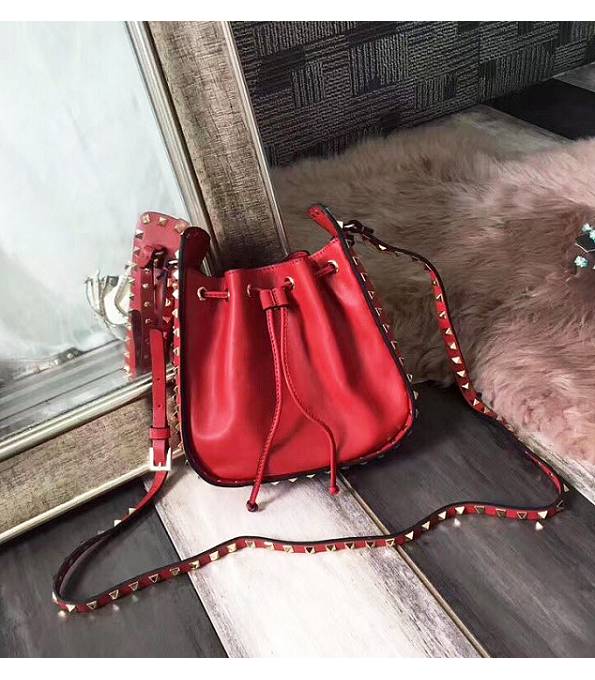 Valentino Red Original Plain Veins Calfskin Leather 20cm Bucket Shoulder Bag