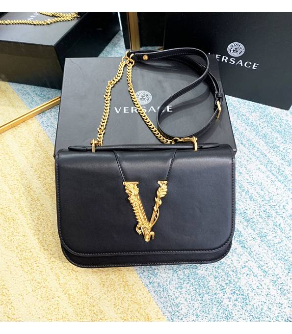 Versace Virtus Black Original Plain Veins Leather Golden Metal Shoulder Bag