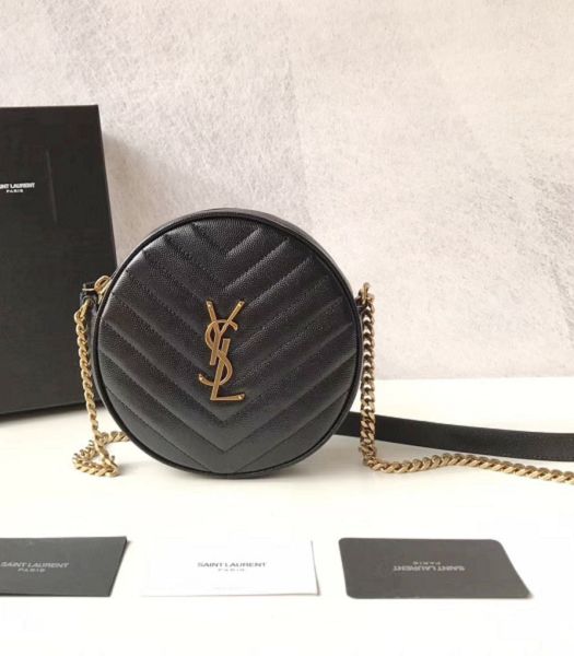 YSL Vinyle Black Original Chevron Quilted Caviar Leather Golden Metal Round Camera Bag