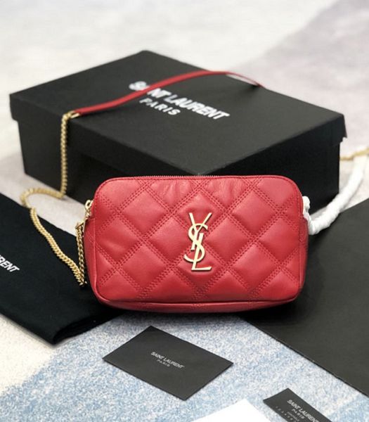 YSL Becky Red Original Quilted Lambskin Double Zip Pouch With Chain