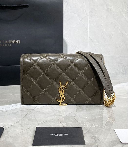 YSL Becky Celadon Grey Original Diamond Quilted Lambskin Wallet On Chain