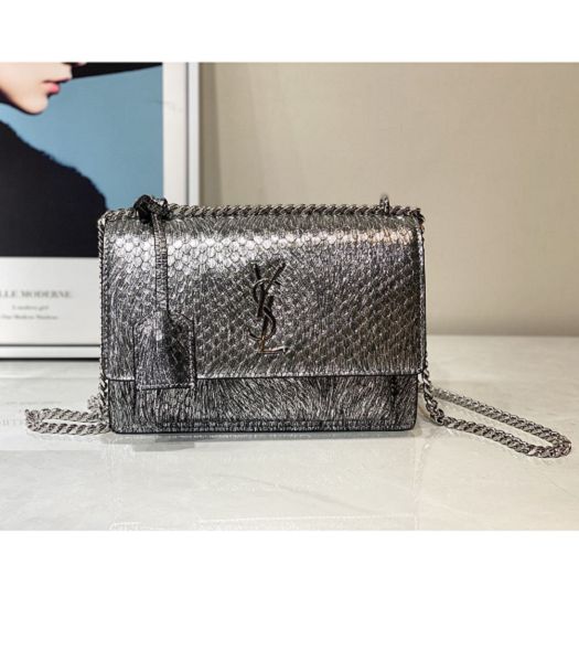 YSL Sunset Silver Original Snake Veins Real Leather Medium Shoulder Bag