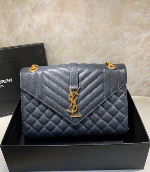 YSL Grey Blue Original Matelasse Embossed Caviar Leather Golden Metal Medium Envelope Bag