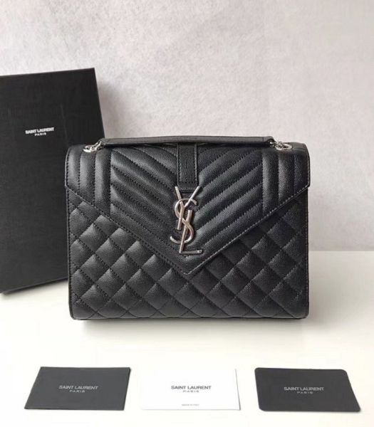 YSL Black Original Matelasse Embossed Caviar Leather Silver Metal Medium Envelope Bag