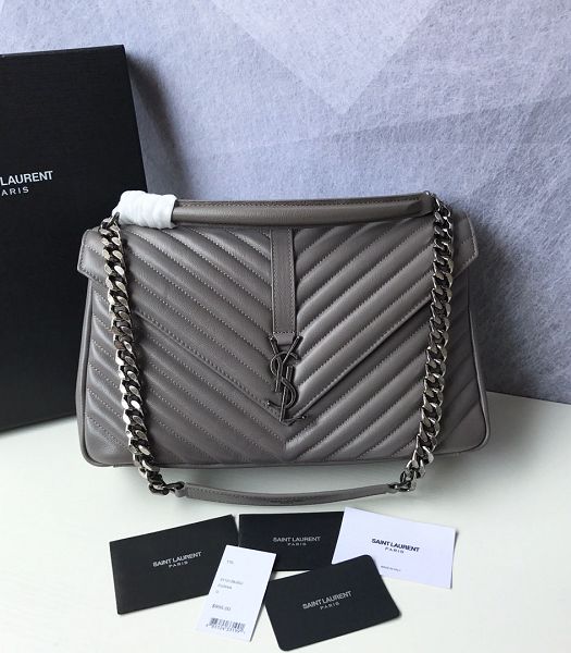 YSL College Khaki Original Chevron Lambskin Silver Metal Large Top Handle Bag