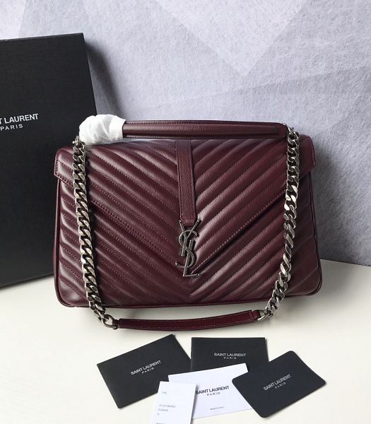 YSL College Jujube Original Chevron Lambskin Silver Metal Large Top Handle Bag