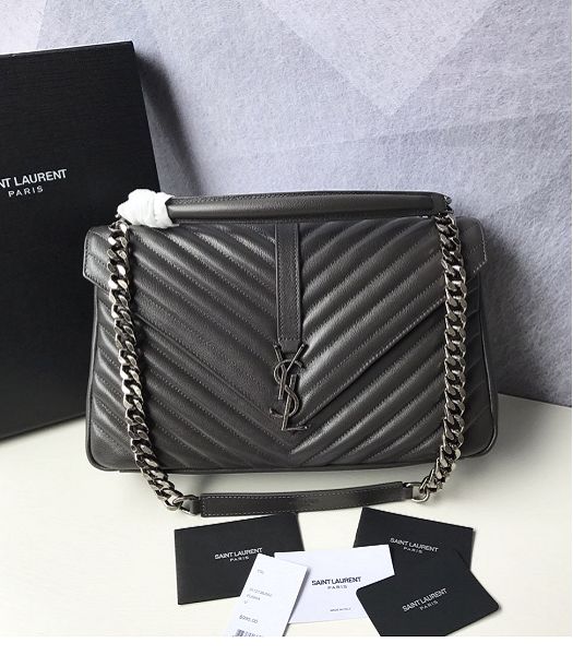 YSL College Grey Original Chevron Lambskin Silver Metal Large Top Handle Bag