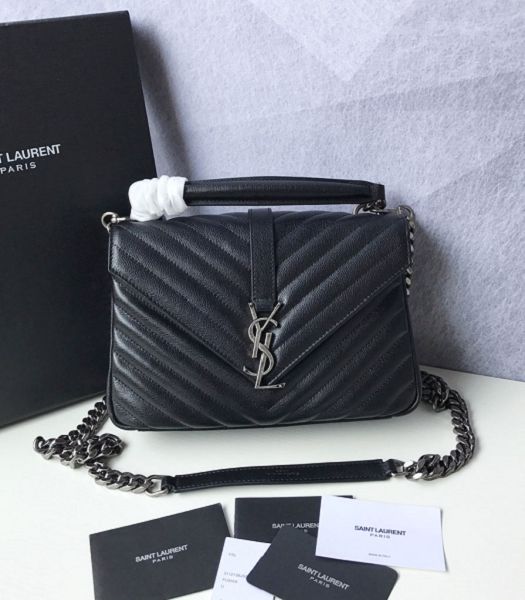 YSL College Black Original Chevron Lambskin Silver Metal Medium Top Handle Bag