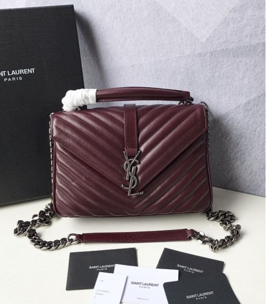 YSL College Jujube Original Chevron Lambskin Silver Metal Medium Top Handle Bag