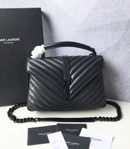 YSL College Black Original Chevron Lambskin Black Metal Medium Top Handle Bag