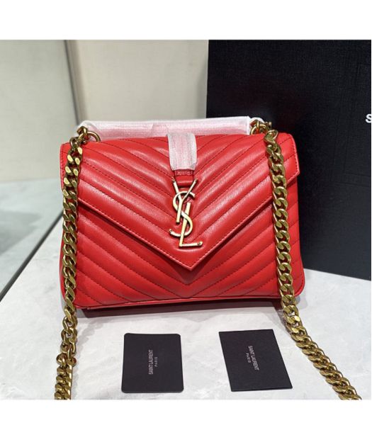 YSL College Red Original Chevron Lambskin Golden Metal Medium Top Handle Bag