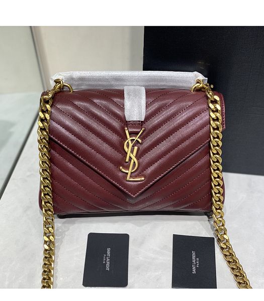 YSL College Dark Red Original Chevron Lambskin Golden Metal Medium Top Handle Bag