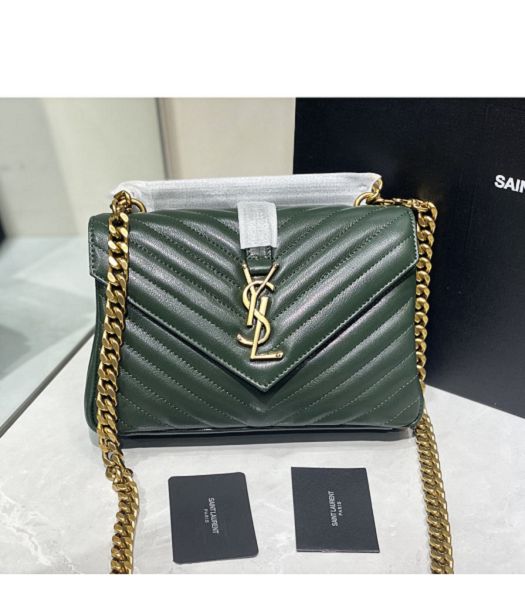 YSL College Green Original Chevron Lambskin Golden Metal Medium Top Handle Bag