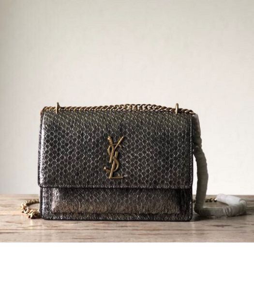 YSL Sunset Silver Original Snake Veins Real Leather Golden Metal Medium Shoulder Bag