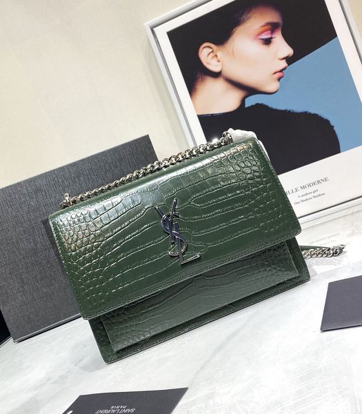 YSL Sunset Green Original Croc Veins Real Leather Silver Metal Medium Flap Shoulder Bag