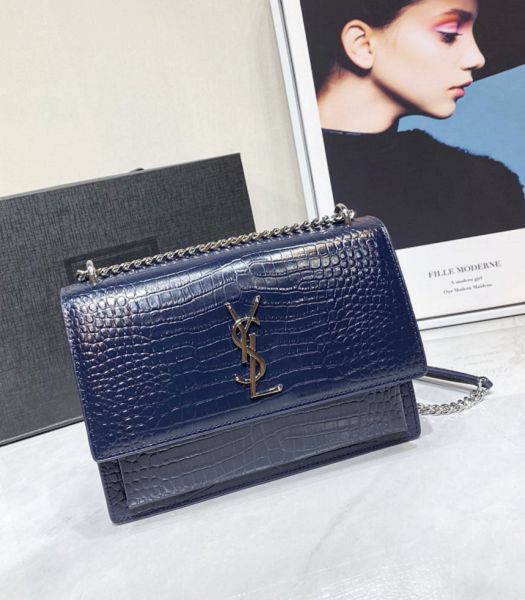 YSL Sunset Blue Original Croc Veins Real Leather Silver Metal Medium Flap Shoulder Bag