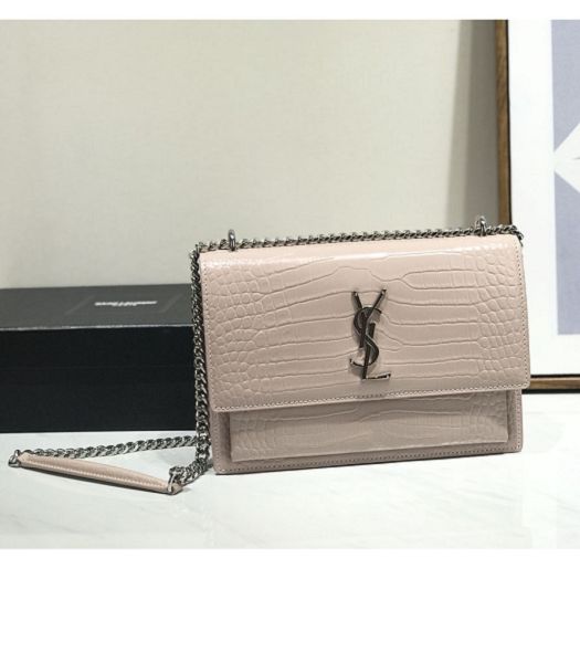 YSL Sunset Pink Original Croc Veins Real Leather Silver Metal Medium Flap Shoulder Bag