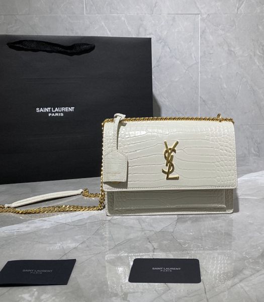 YSL Sunset White Original Croc Veins Real Leather Golden Metal Medium Flap Shoulder Bag