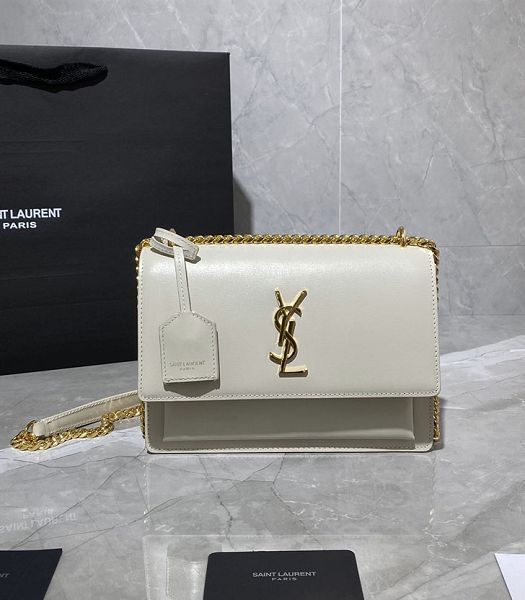 YSL Sunset White Original Real Leather Golden Metal Medium Flap Shoulder Bag