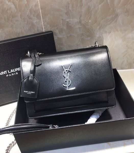 YSL Sunset Black Original Real Leather Silver Metal Medium Flap Shoulder Bag