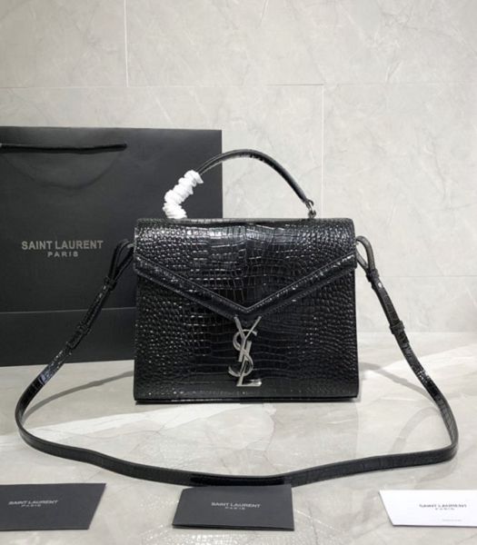 YSL Cassandra Black Original Croc Veins Real Leather Silver Metal Medium Top Handle Bag