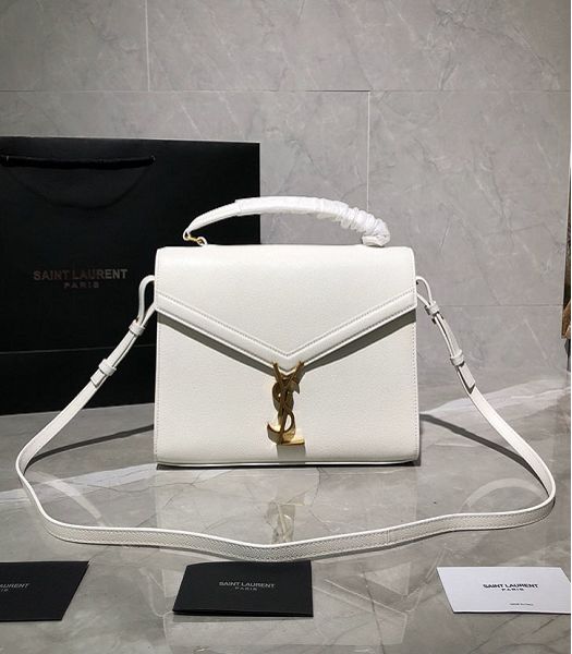 YSL Cassandra White Original Caviar Leather Golden Metal Medium Top Handle Bag