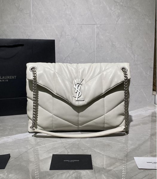 YSL Loulou Puffer White Original Smooth Lambskin Silver Metal Large Shoulder Bag