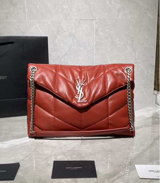 YSL Loulou Puffer Red Original Smooth Lambskin Silver Metal Large Shoulder Bag