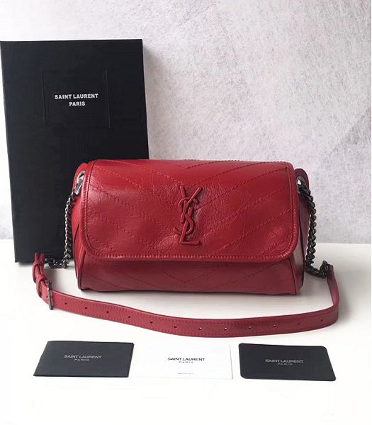 YSL Niki Red Original Oil Wax Real Leather Silver Metal Body Belt Bag