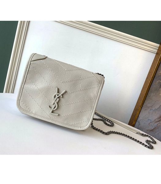 YSL Niki Monogram Vintage White Original Oil Wax Real Leather Wallet On Chain