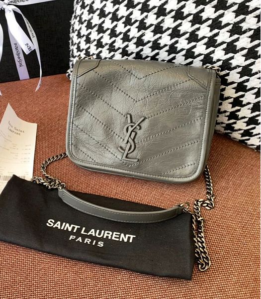 YSL Niki Monogram Vintage Dark Grey Original Oil Wax Real Leather Wallet On Chain