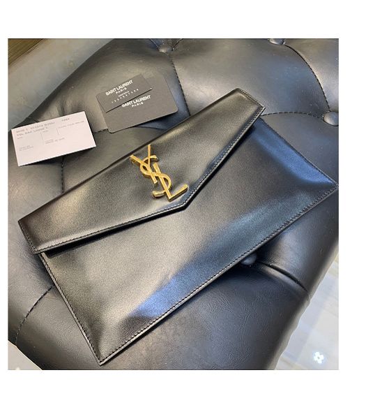 YSL Uptown Black Original Smooth Real Leather Golden Metal Envelope Pouch