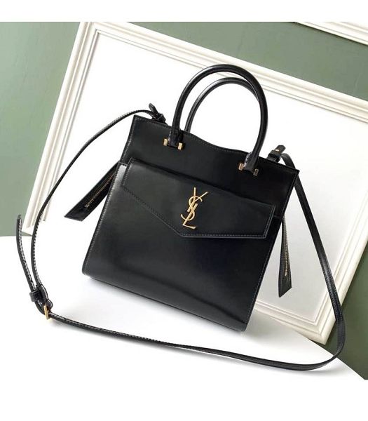 YSL Uptown Black Original Smooth Real Leather Golden Metal Small Tote Bag