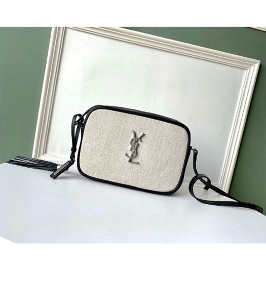 YSL Lou White Canvas With Black Original Matelasse Leather Silver Metal Camera Bag